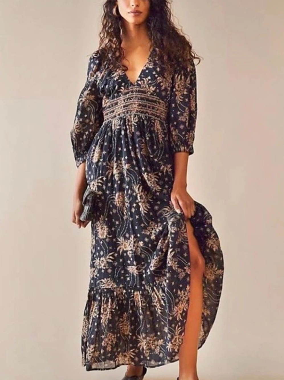 Free People Golden Hour Maxi Dress Floral Black & Tan